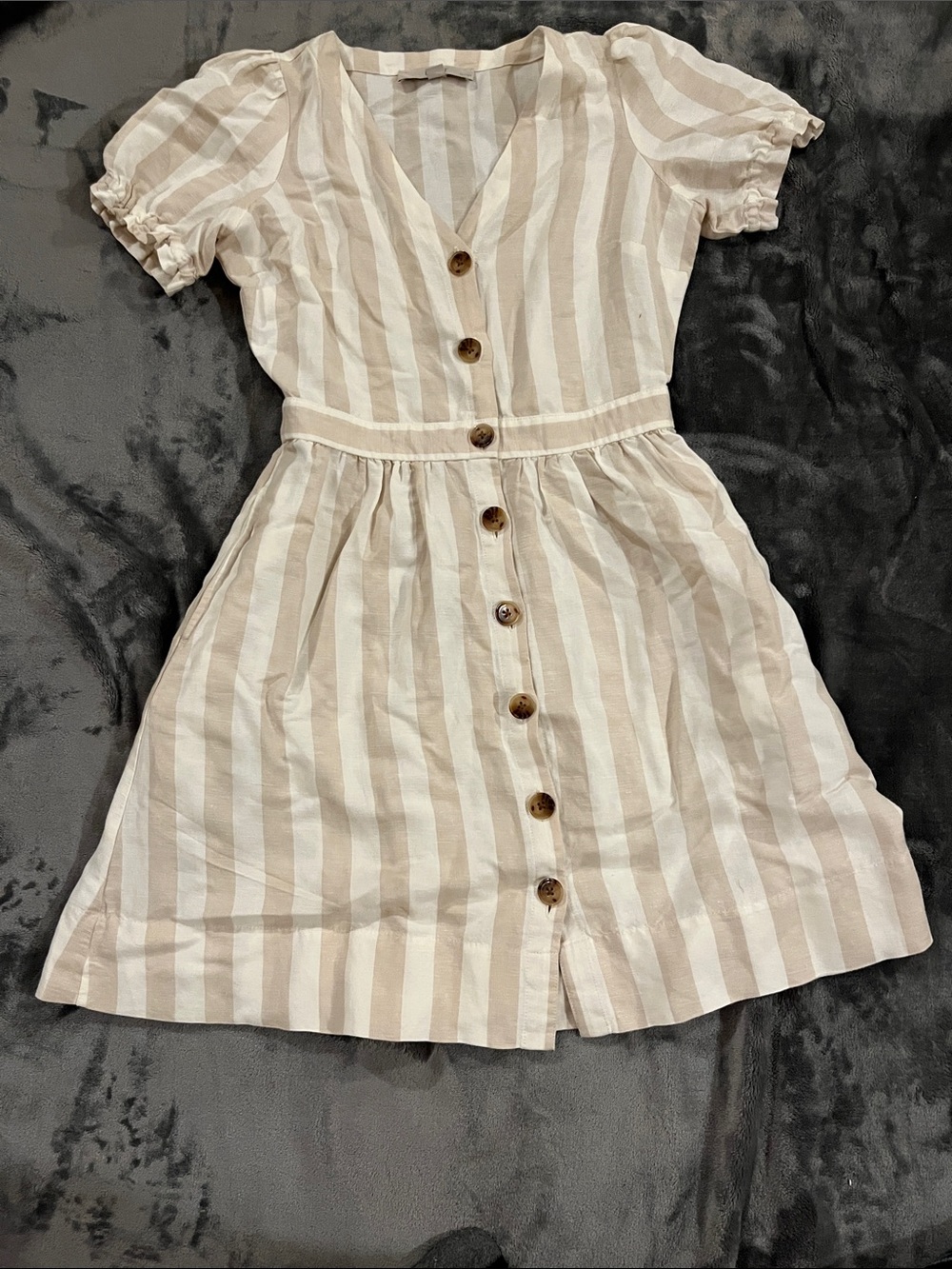 LOFT Beige and White Striped Button-Front Dress